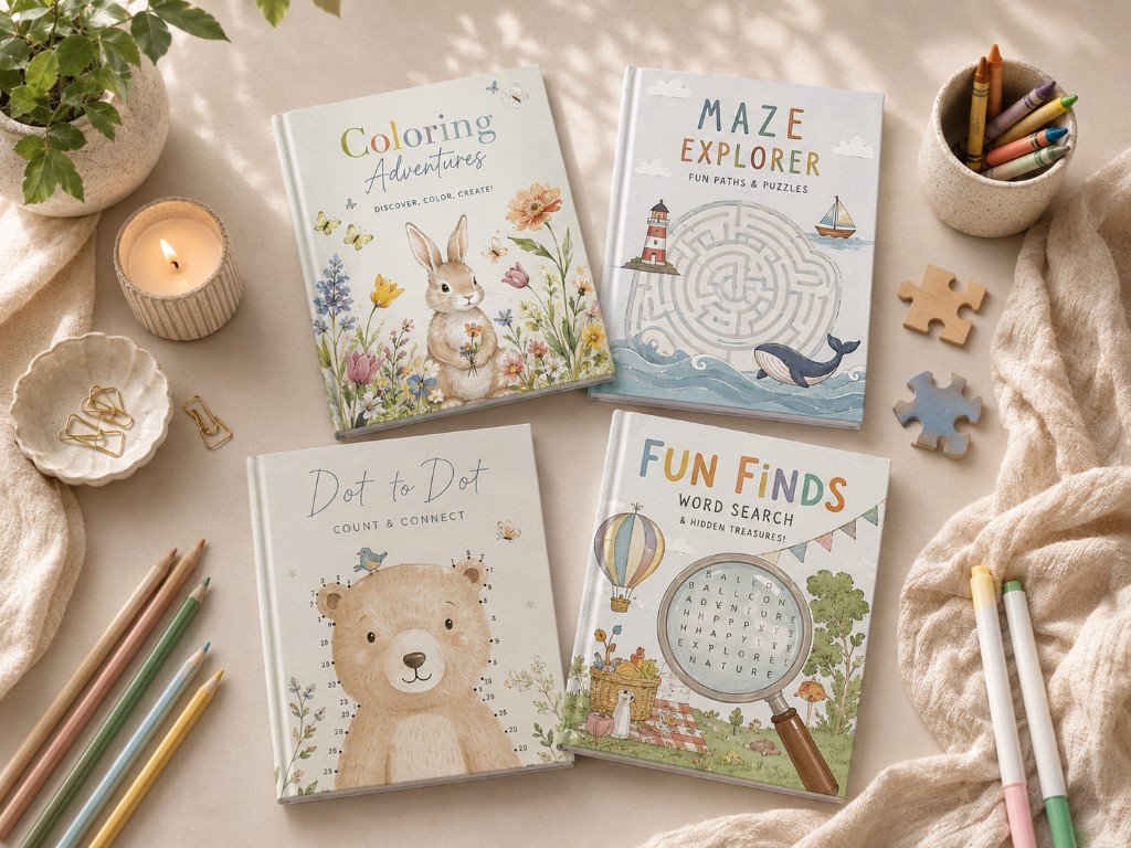 Flat lay of four Qlir Publishing activity books — Coloring Adventures, Maze Explorer, Dot to Dot, and Fun Finds.