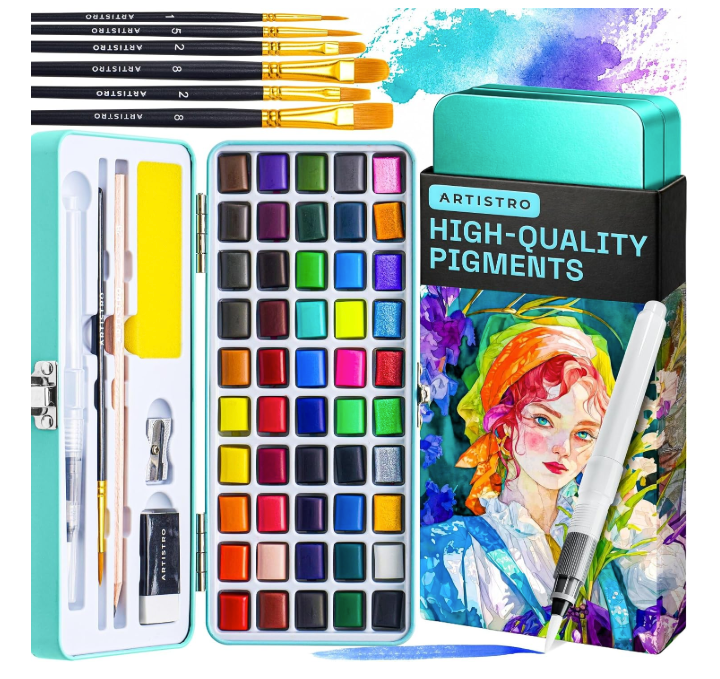 Artistro watercolor paint set in a teal metal tin with paint pans, brushes, water brush pen, pencil, sponge, and sharpener.
