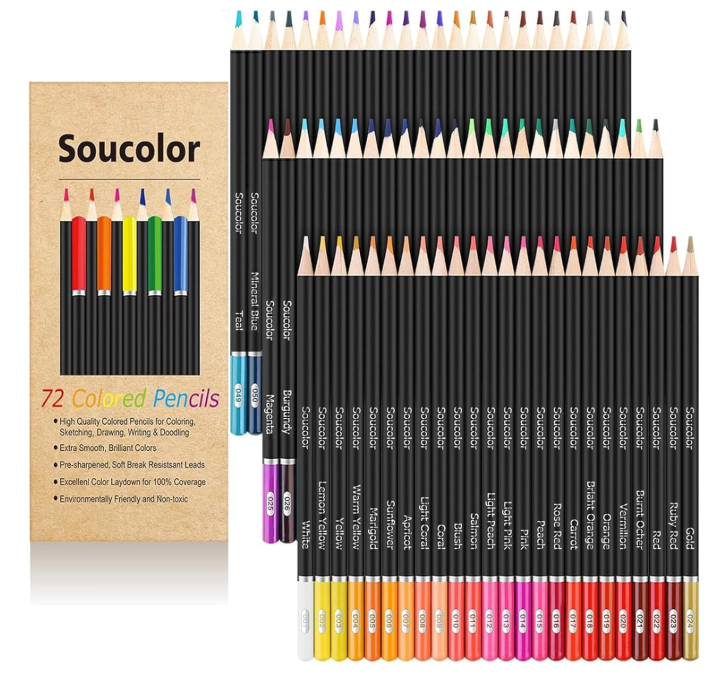Soucolor 72 colored pencils in black barrels with color-coded caps, shown beside the retail box.