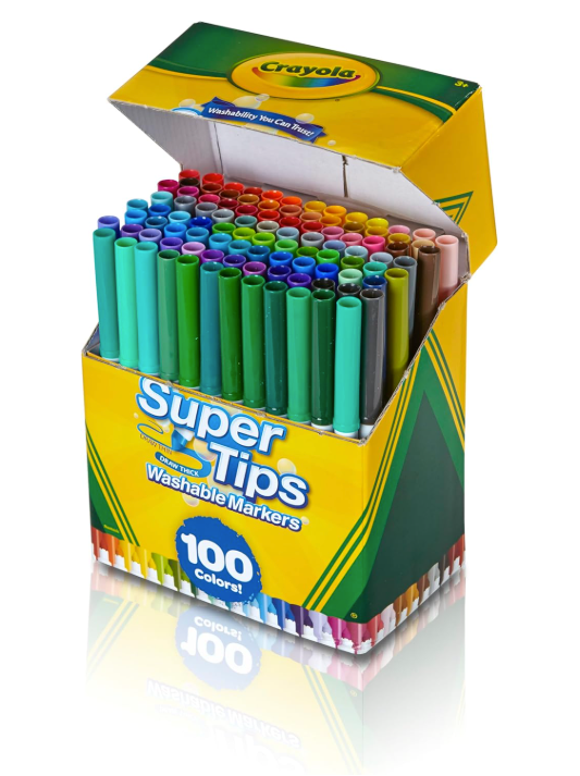 Crayola Super Tips washable markers in a yellow and green box showing 100 assorted marker colors.