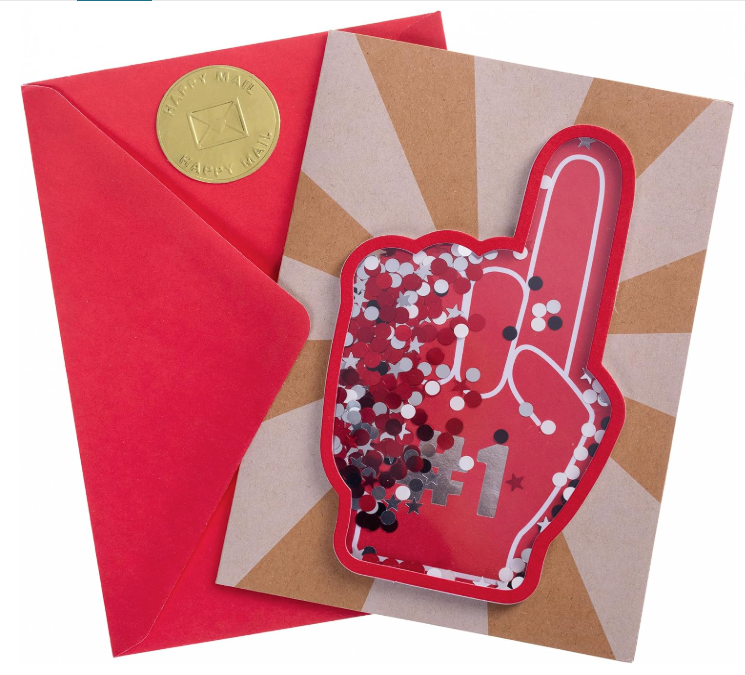 Handmade Father's Day shaker greeting card with a red #1 foam finger filled with red, white, and silver confetti, shown with a red envelope and gold Happy Mail seal.