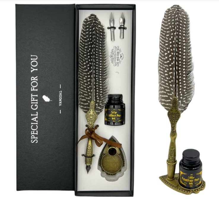 VANGOAL vintage feather quill pen set with striped feather, bronze metal stand, black ink bottle, extra nibs, and black gift box.