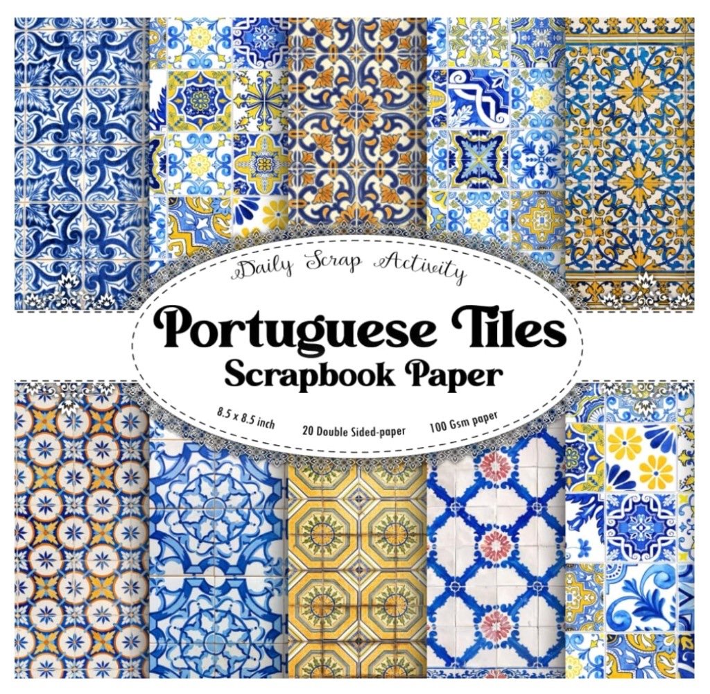 Daily Scrap Activity Portuguese Tiles scrapbook paper pad with colorful azulejo-style tile patterns on double-sided 8.5 x 8.5 inch sheets.