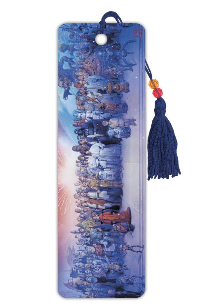 Vertical sci-fi character ensemble bookmark with a painted galactic cast collage, blue braided tassel, and colorful accent beads.