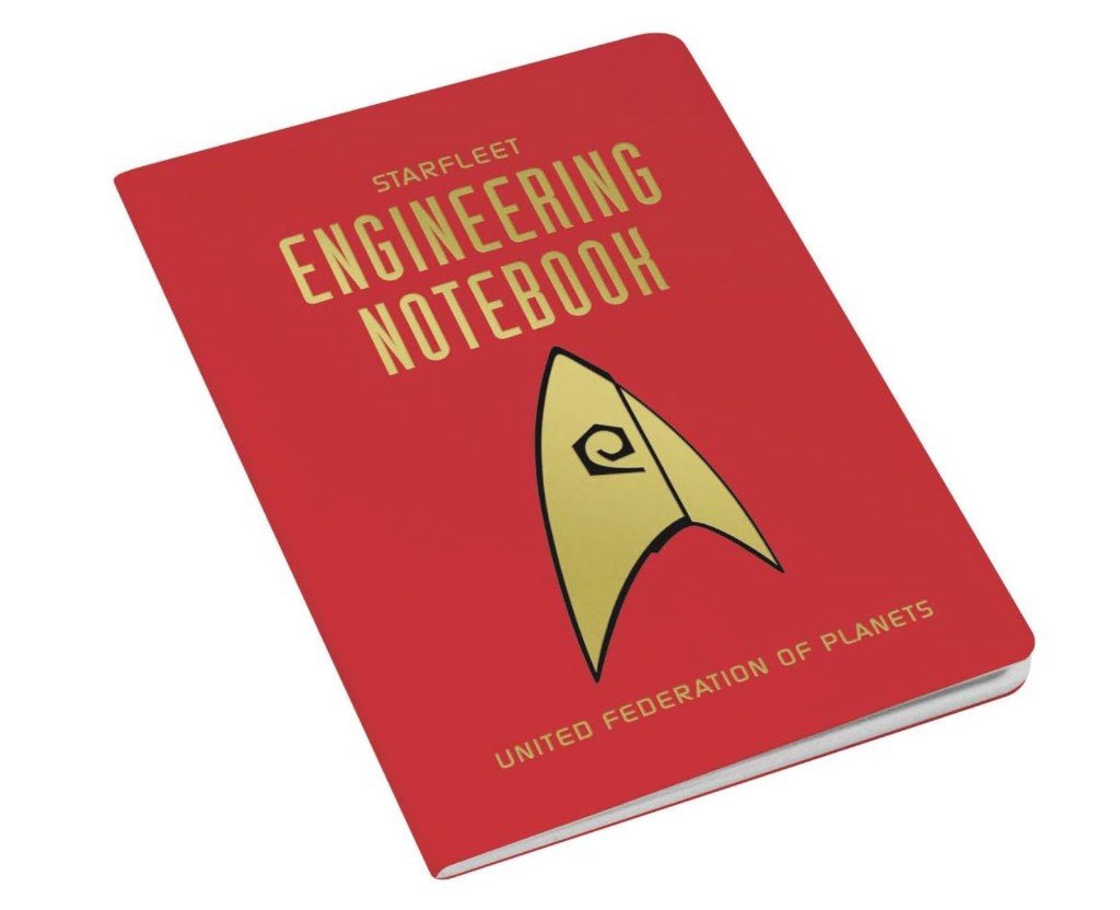 Red Starfleet Engineering notebook with gold Starfleet delta insignia, Engineering division spiral emblem, and United Federation of Planets text on the cover.