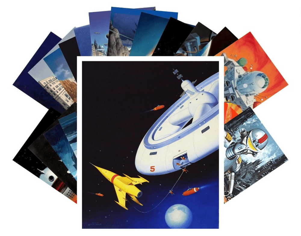 Fan of 24 retro sci-fi pulp art postcards featuring vintage space station, astronaut, and Alex Schomburg-style illustrations in bold yellow, orange, and blue tones.
