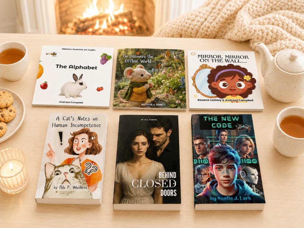 Cozy flat lay of six Qlir Publishing books — Alphabet, Fio Discovers, Mirror Mirror, Cat's Notes, Behind Closed Doors, and The New Code — on a wooden table with tea, cookies, and a candle by a fireplace.