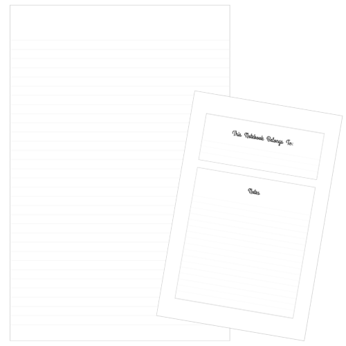 Notebook interior with light gray lines, no margins, and a “This Notebook Belongs To:” first page.