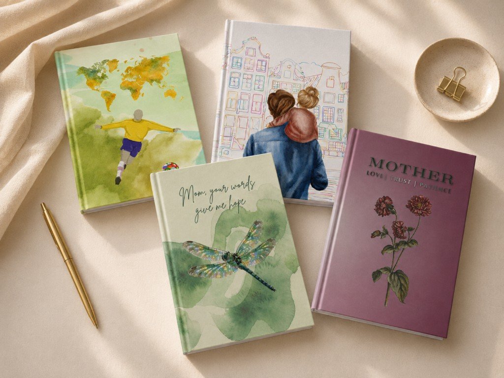 Qlir Publishing hardcover notebooks with colorful cover art on a cream linen surface.